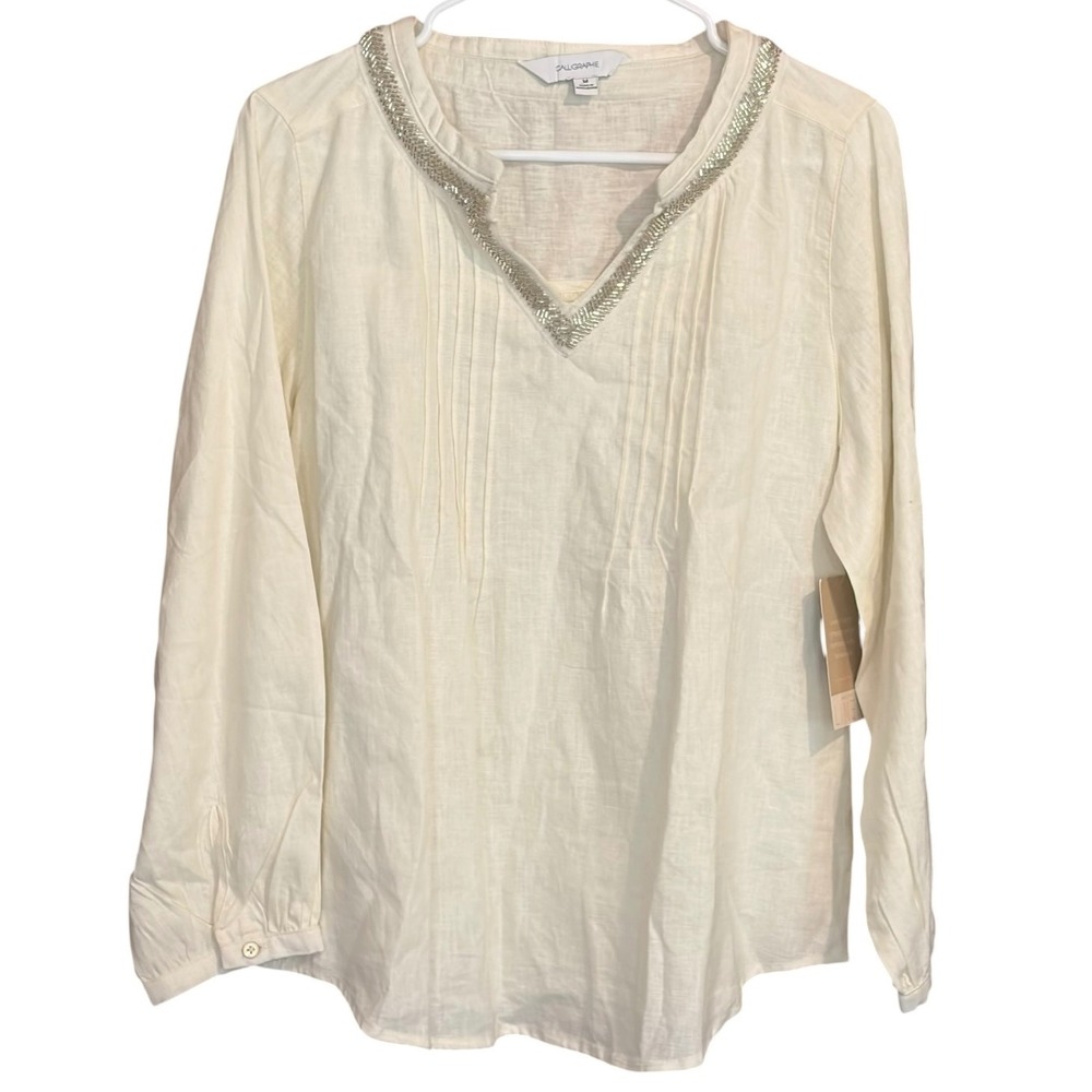 NWT Calligraphie Linen Blend Beaded Blouse Medium Ivory Boho Top‎